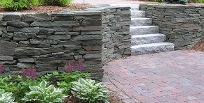 Stone wall, granite steps & paver patio